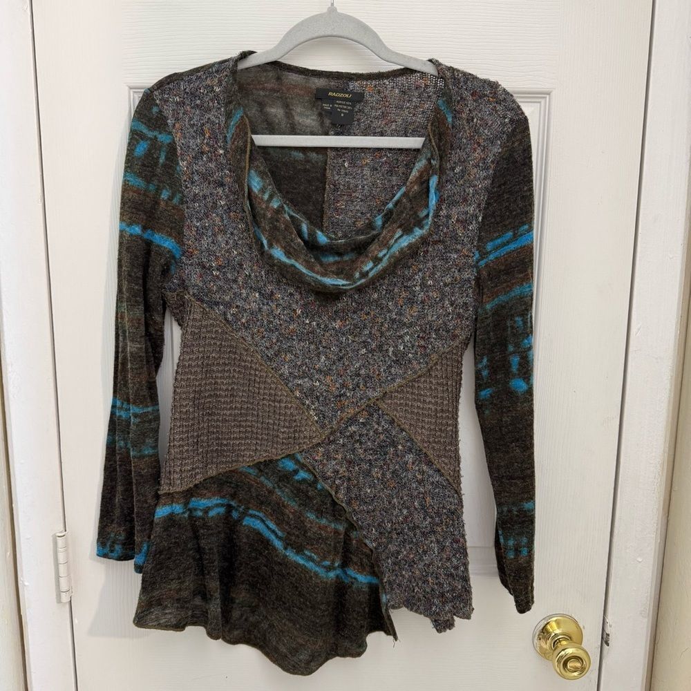 Radzoli Art to Wear Cowl Neck Sweater Size Small Brown Blue Lagenlook